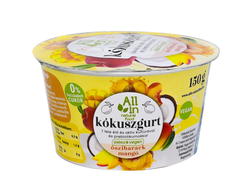 ALL IN NATURAL FOOD PALEO ÉS VEGÁN ŐSZIBARACK ÉS MANGÓ ÉLÓFLÓRÁS KÓKUSZGURT 150G [H]