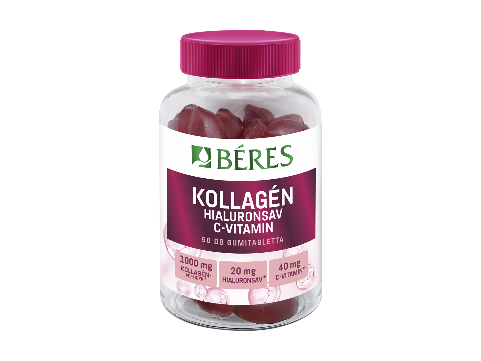 BÉRES KOLLAGÉN, HIALURONSAV, C-VITAMIN CUKORMENTES GUMITABLETTA 50DB