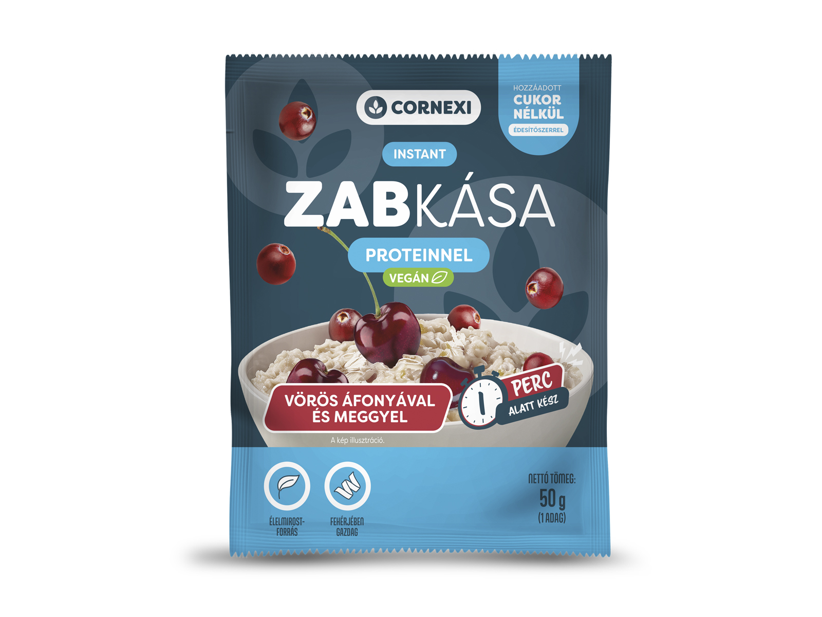 CORNEXI VÖRÖS ÁFONYÁS-MEGGYES PROTEINES ZABKÁSA ÉDESÍTŐSZERREL - VEGÁN 50G