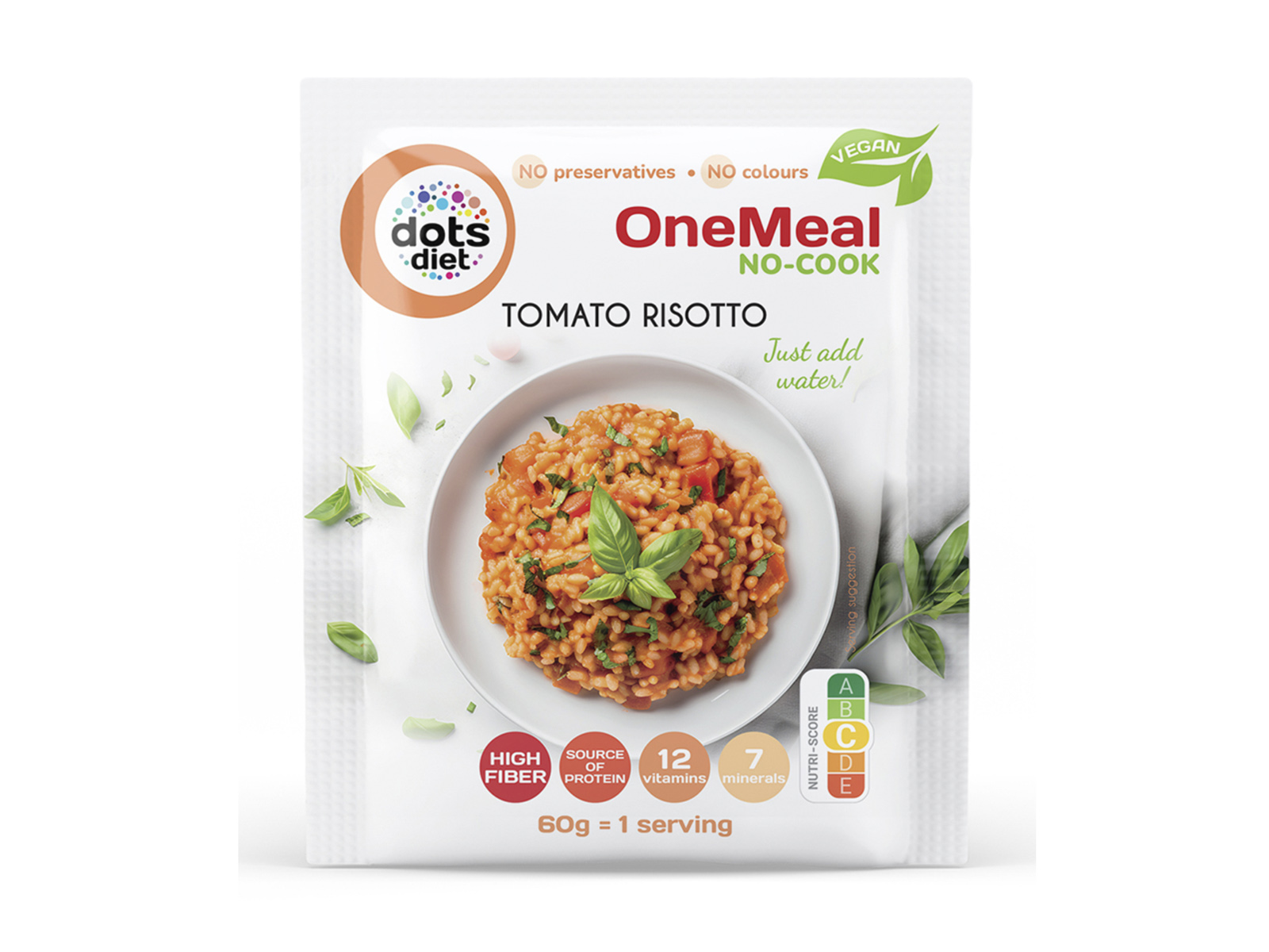 DOTSDIET VEGAN INSTANT PARADICSOMOS RIZOTTÓ- SZÁRÍTOTT RIZS-ÉS ROST ALAPÚ PORKEVERÉK 60G