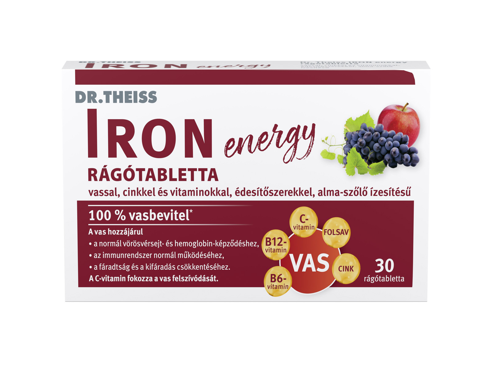 DR. THEISS IRON ENERGY RÁGÓTABLETTA ÉDESÍTŐSZEREKKEL ALMA-SZŐLŐ ÍZESÍTÉSŰ 30DB