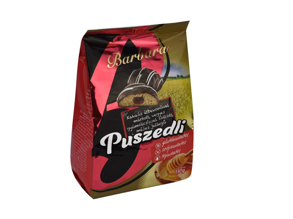 GLUTÉNMENTES BARBARA KAKAÓS ÉTBEVONÓVAL MÁRTOTT VEGYES GYÜMÖLCSÍZZEL TÖLTÖTT MÉZES PUSZEDLI 150G