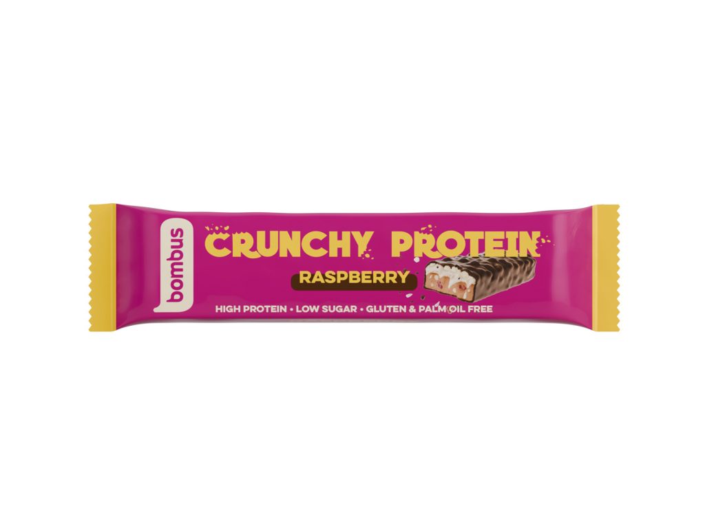 GLUTÉNMENTES BOMBUS CRUNCHY PROTEINSZELET TEJCSOKOLÁDÉVAL, MÁLNA ÍZZEL, ÉDESÍTŐSZERREL 50G