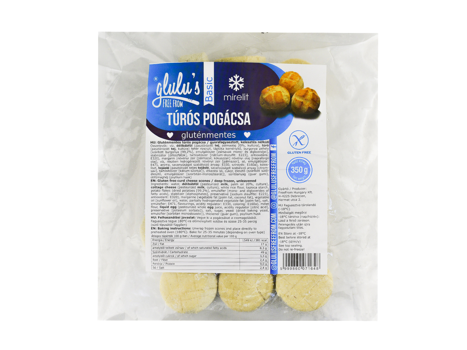 GLUTÉNMENTES GLULUS FREEFROM BASIC TÚRÓS POGÁCSA 350G [F]