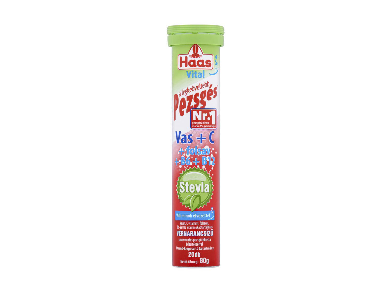 HAAS STEVIA VAS+C-VITAMIN+FOLSAV+B6+B12 VÉRNARANCS ÍZŰ PEZSGŐTABLETTA 20DB