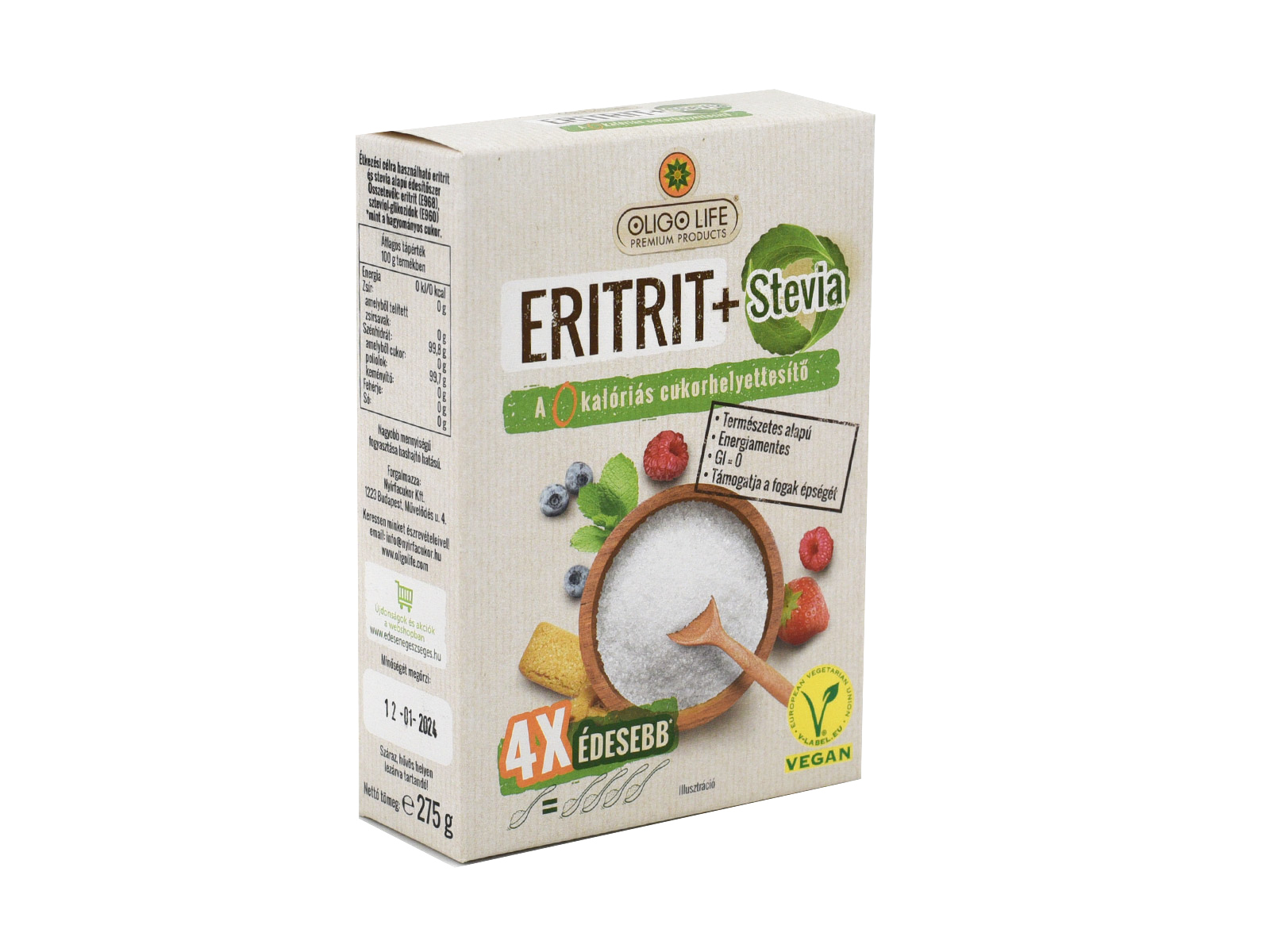 NYÍRFACUKOR OLIGO LIFE ERITRIT+STEVIA 4XÉDESEBB 275G