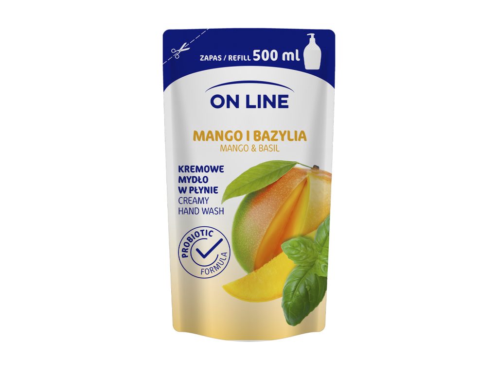 ON LINE FOLYÉKONY KRÉMSZAPPAN UTÁNTÖLTŐ MANGÓ & BAZSALIKOM 500ML