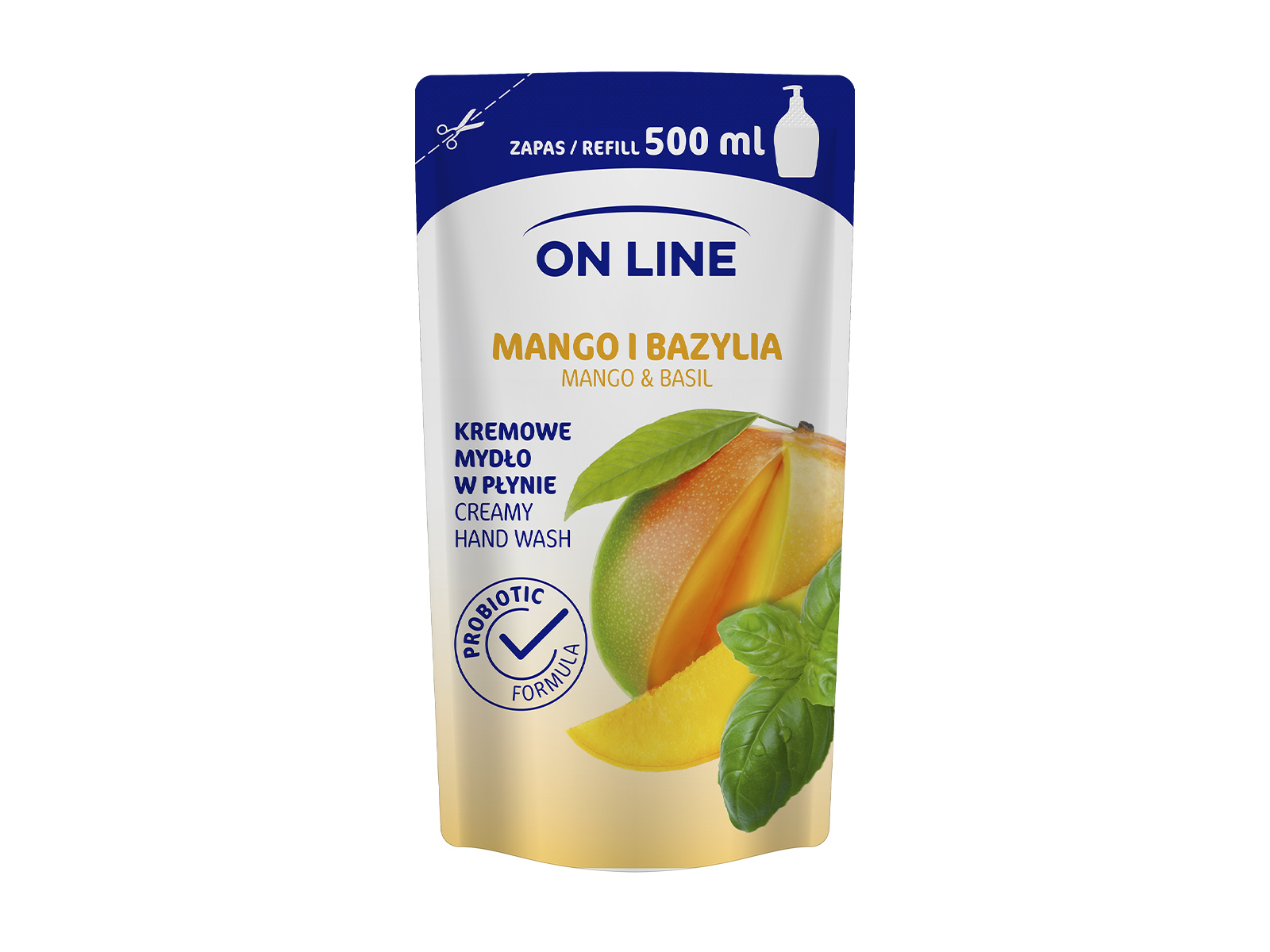 ON LINE FOLYÉKONY KRÉMSZAPPAN UTÁNTÖLTŐ MANGÓ & BAZSALIKOM 500ML