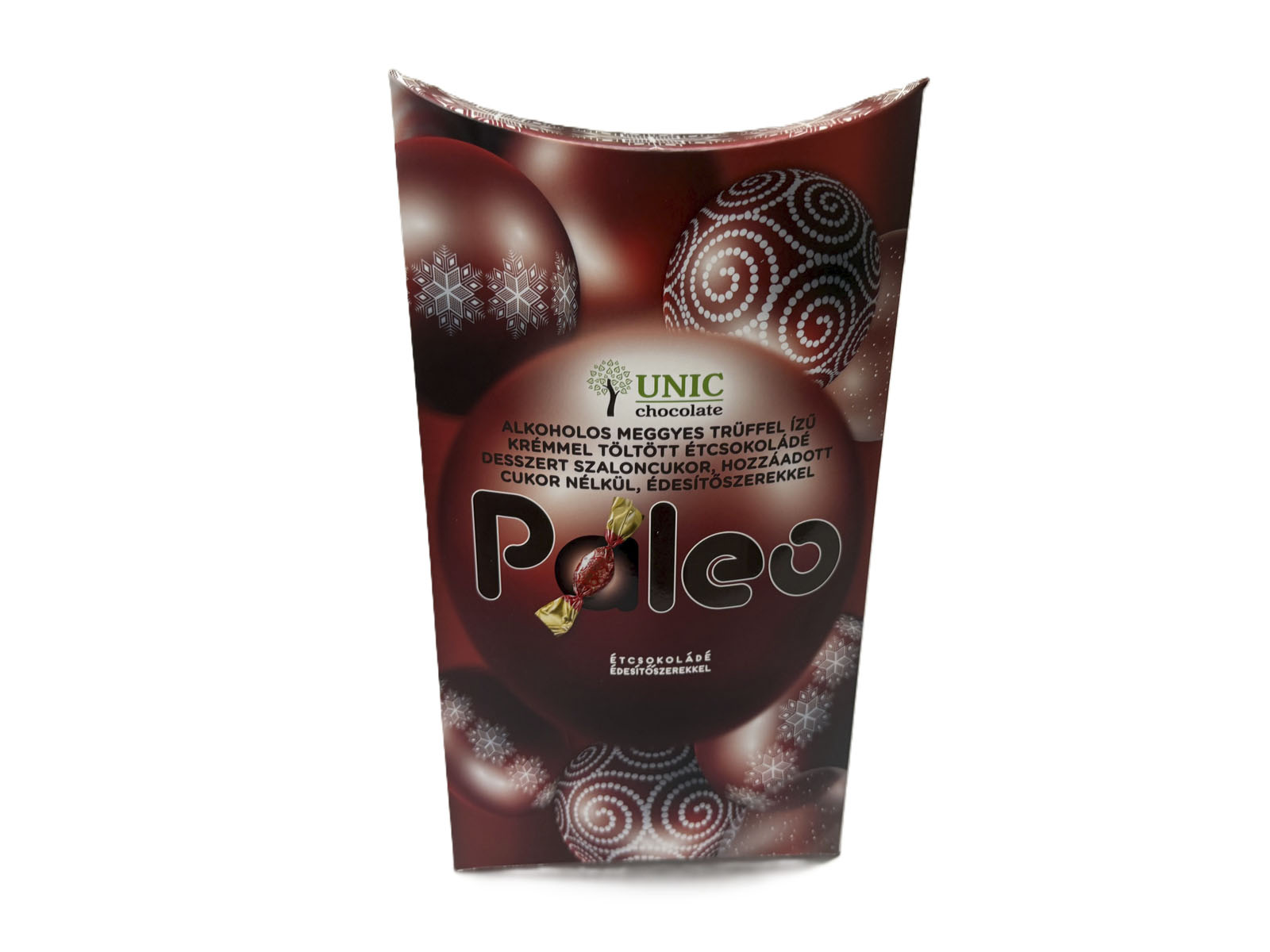 PALEO MEGGYES TRÜFFEL ÍZŰ KRÉMMEL TÖLTÖTT ÉTCSOKOLÁDÉ SZALONCUKOR ÉDESÍTŐSZERREL LM 220G