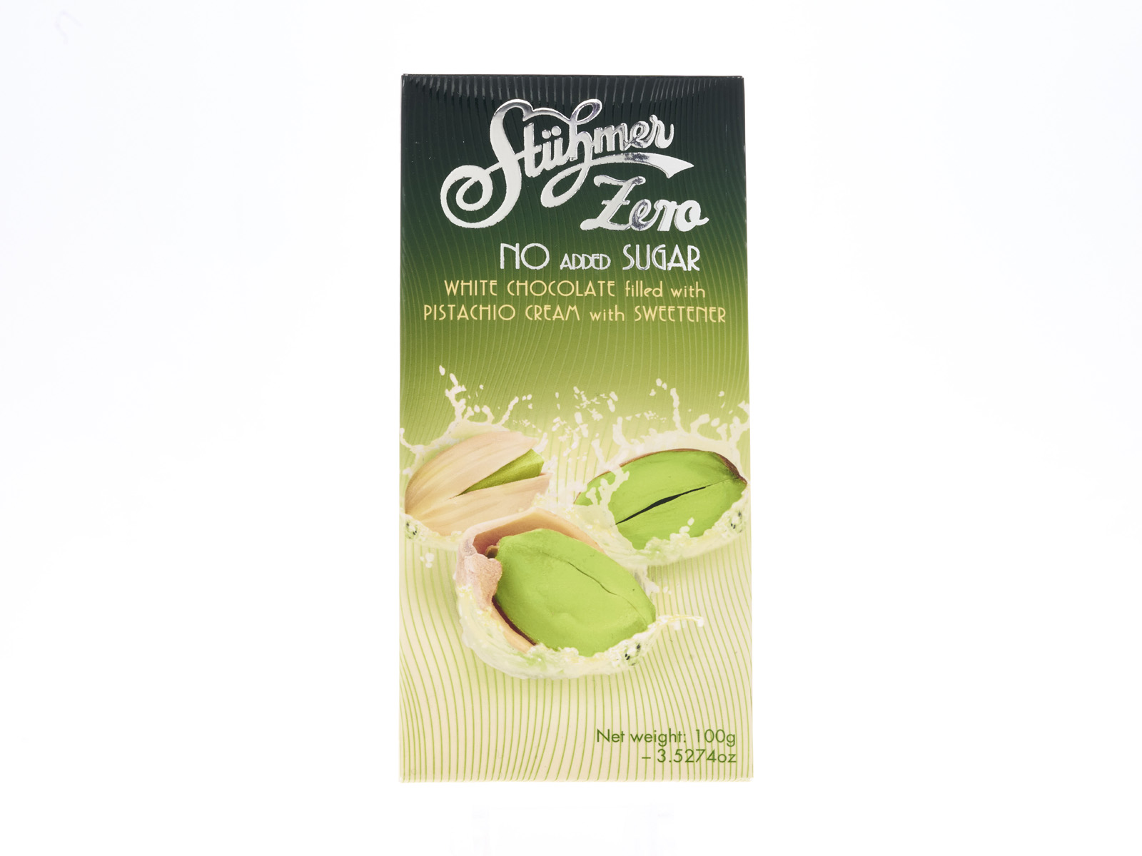 STÜHMER ZERO PISZTÁCIÁS KRÉMMEL TÖLTÖTT FEHÉRCSOKOLÁDÉ, ÉDESÍTŐSZERREL 100G