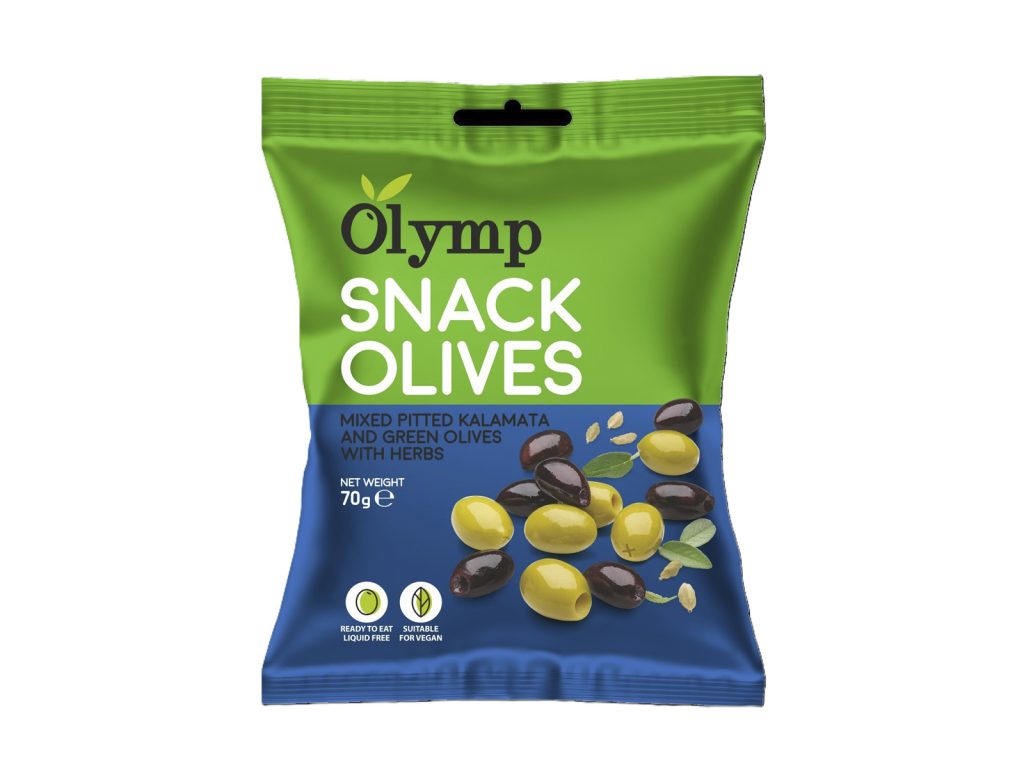 VEGÁN OLYMP SNACK FŰSZEREZETT ZÖLD ÉS KALAMATA OLÍVABOGYÓ, MAGOZOTT 70G
