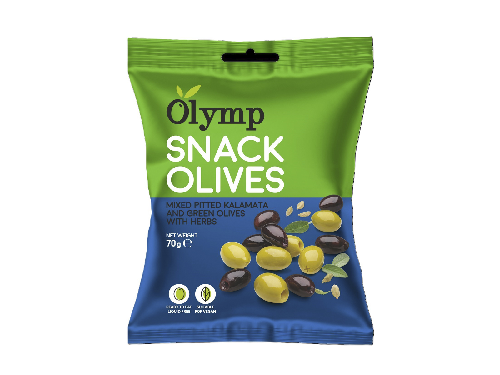VEGÁN OLYMP SNACK FŰSZEREZETT ZÖLD ÉS KALAMATA OLÍVABOGYÓ, MAGOZOTT 70G