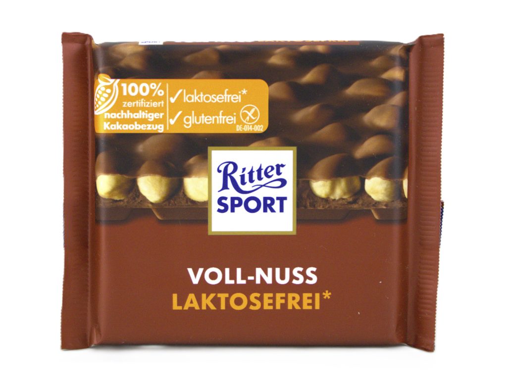 GLUTÉNMENTES RITTER SPORT EGÉSZMOGYORÓS CSOKOLÁDÉ LAKTÓZMENTES 100G