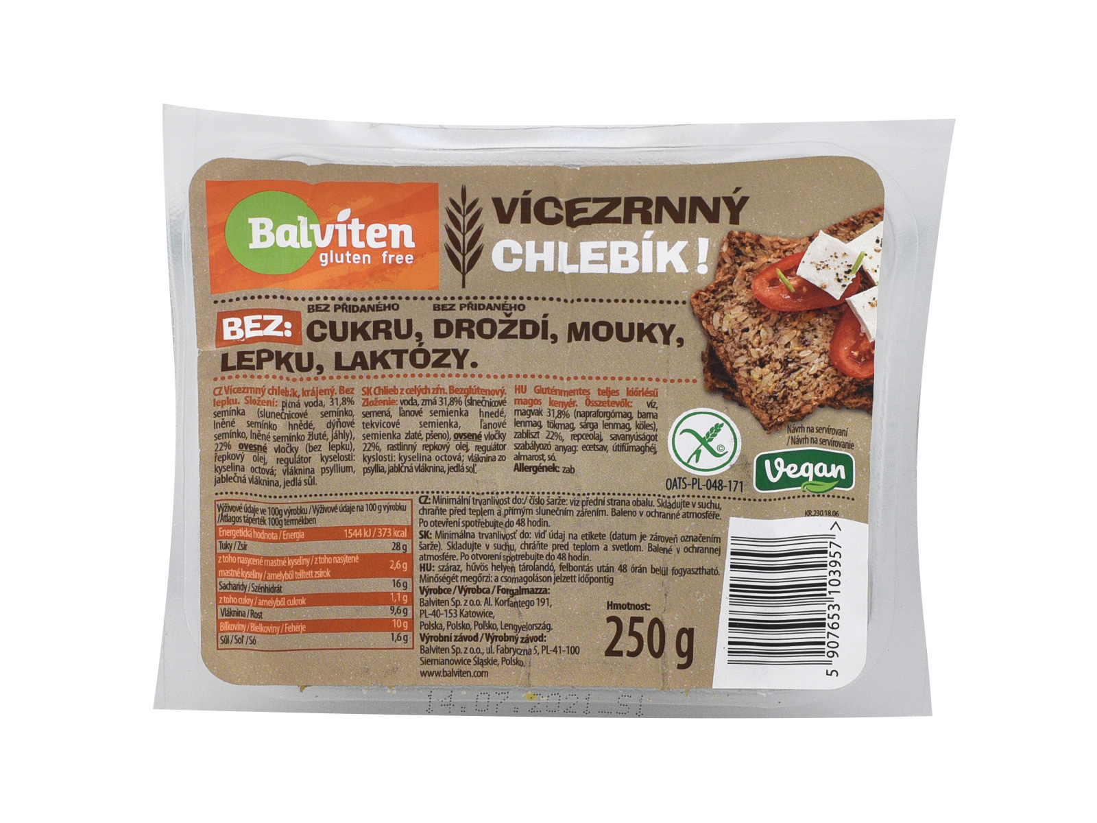 GLUTÉNMENTES BALVITEN TELJES KIŐRLÉSŰ MAGVAS KENYÉR 250G