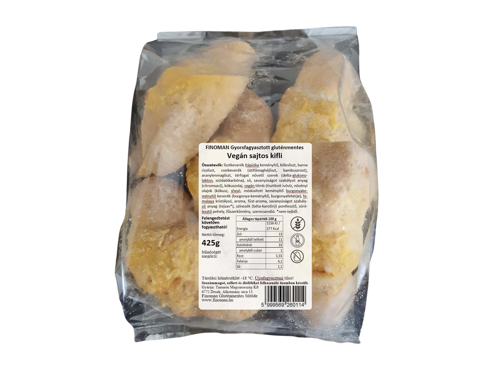 GLUTÉNMENTES FINOMAN GYORSFAGYASZTOTT VEGAN SAJTOS KIFLI FÜSTÖLT CHEDDAR ÍZESÍTÉSŰ 425G[F]