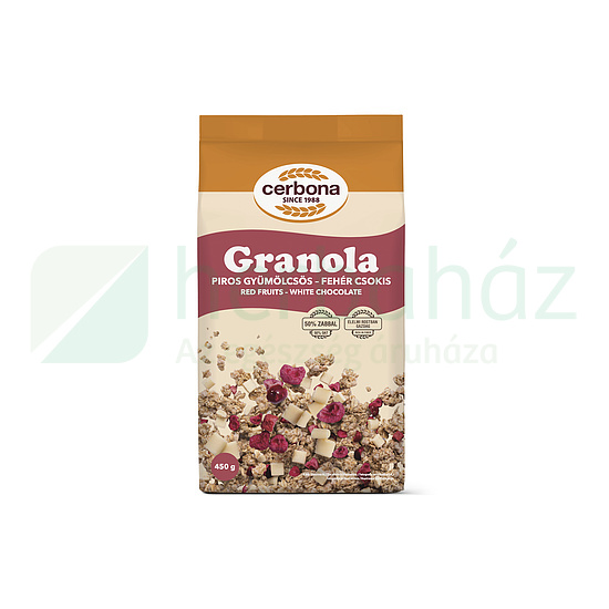 CERBONA PIROS GYÜMÖLCSÖS-FEHÉR CSOKIS GRANOLA 450G