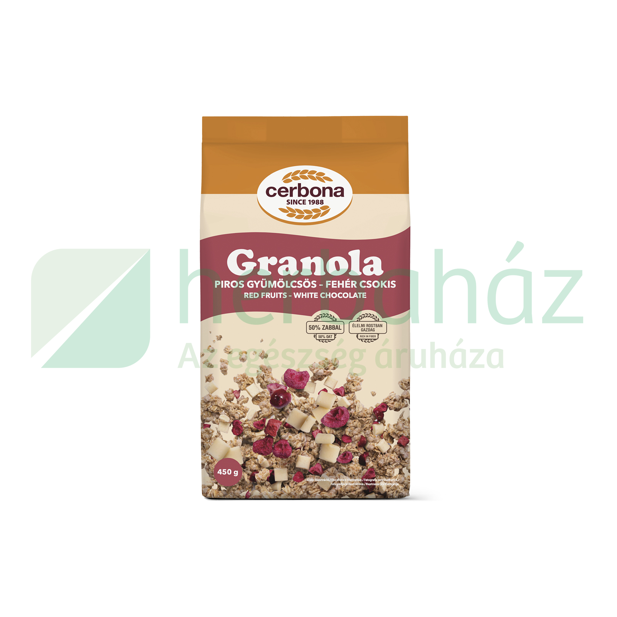 CERBONA PIROS GYÜMÖLCSÖS-FEHÉR CSOKIS GRANOLA 450G