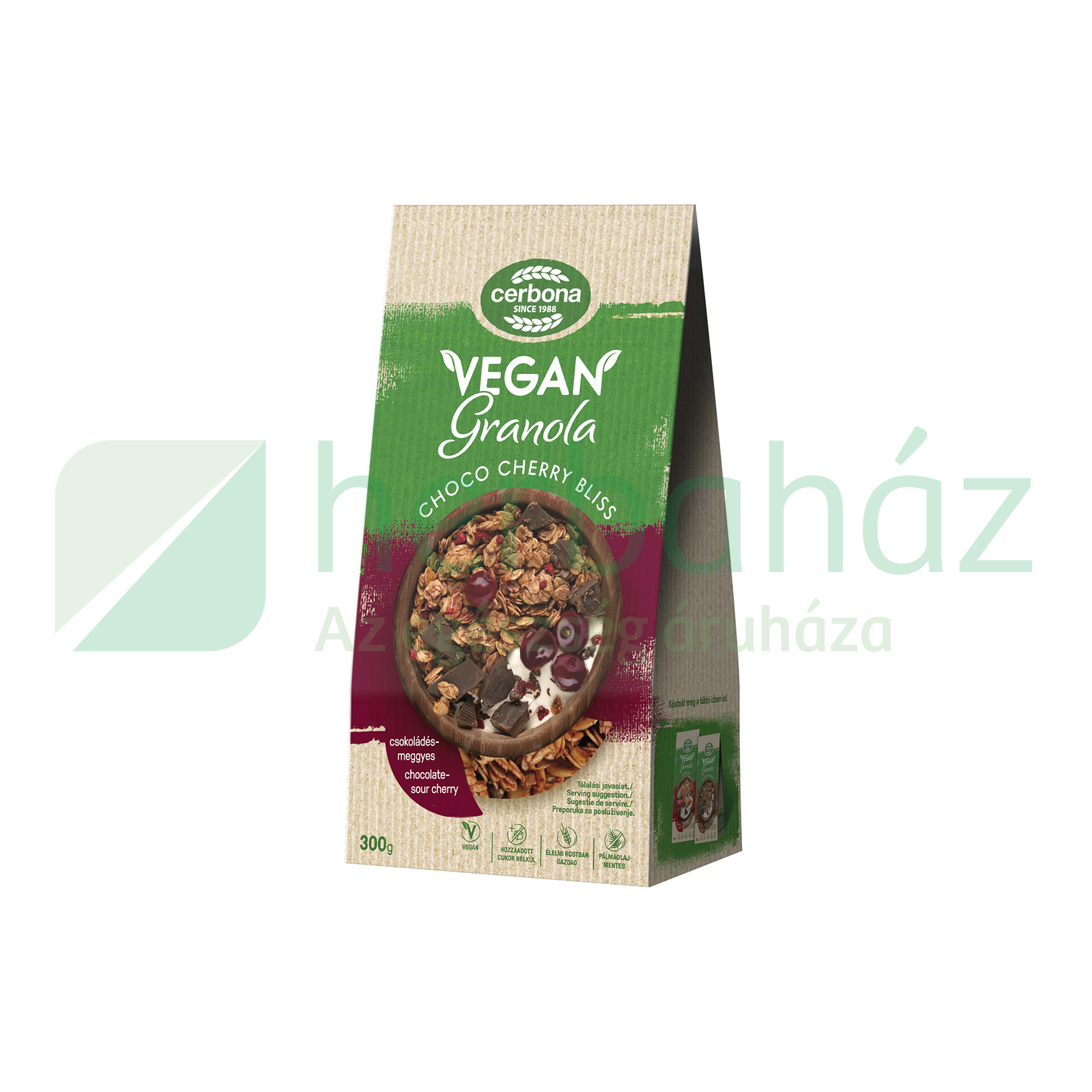 CERBONA VEGÁN CSOKOLÁDÉ-MEGGY GRANOLA HOZZÁADOTT CUKOR NÉLKÜL 300G