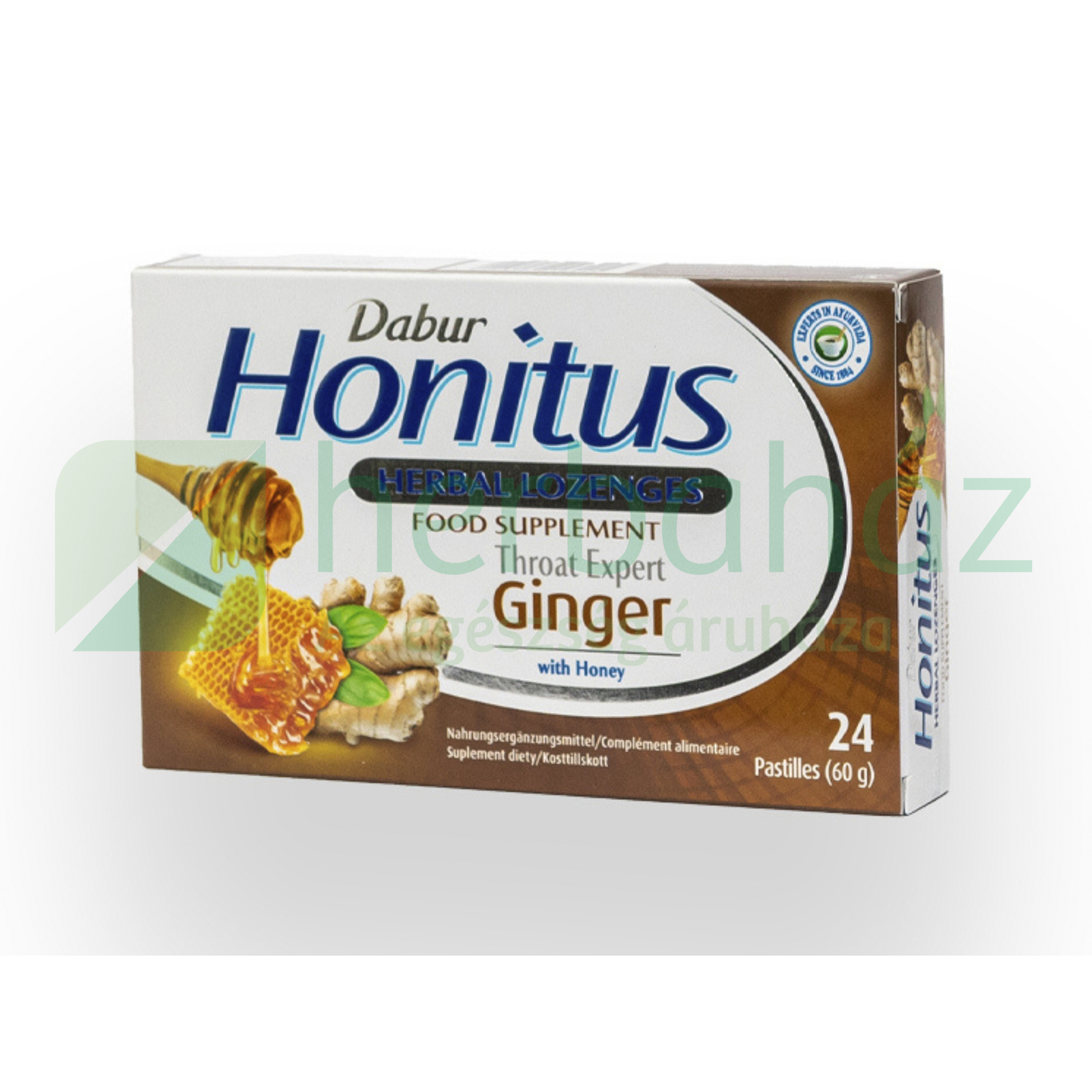 DABUR HONITUS GINGER GYÖMBÉR ÍZŰ GYÓGYNÖVÉNYES SZOPOGATÓ TABLETTA 24DB