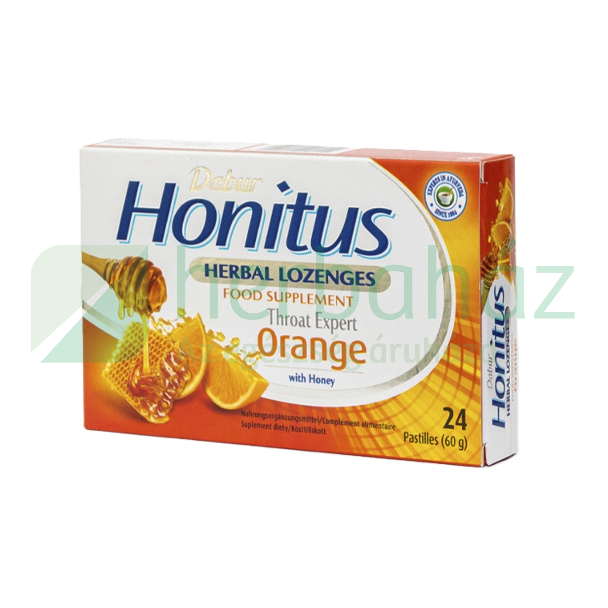 DABUR HONITUS ORANGE NARANCS ÍZŰ GYÓGYNÖVÉNYES SZOPOGATÓ TABLETTA 24DB