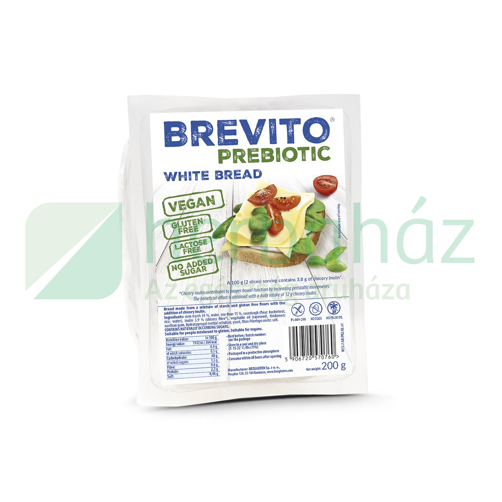 GLUTÉNMENTES BREVITO FEHÉR KENYÉR PRIBIOTIKUS, SZELETELT 200G