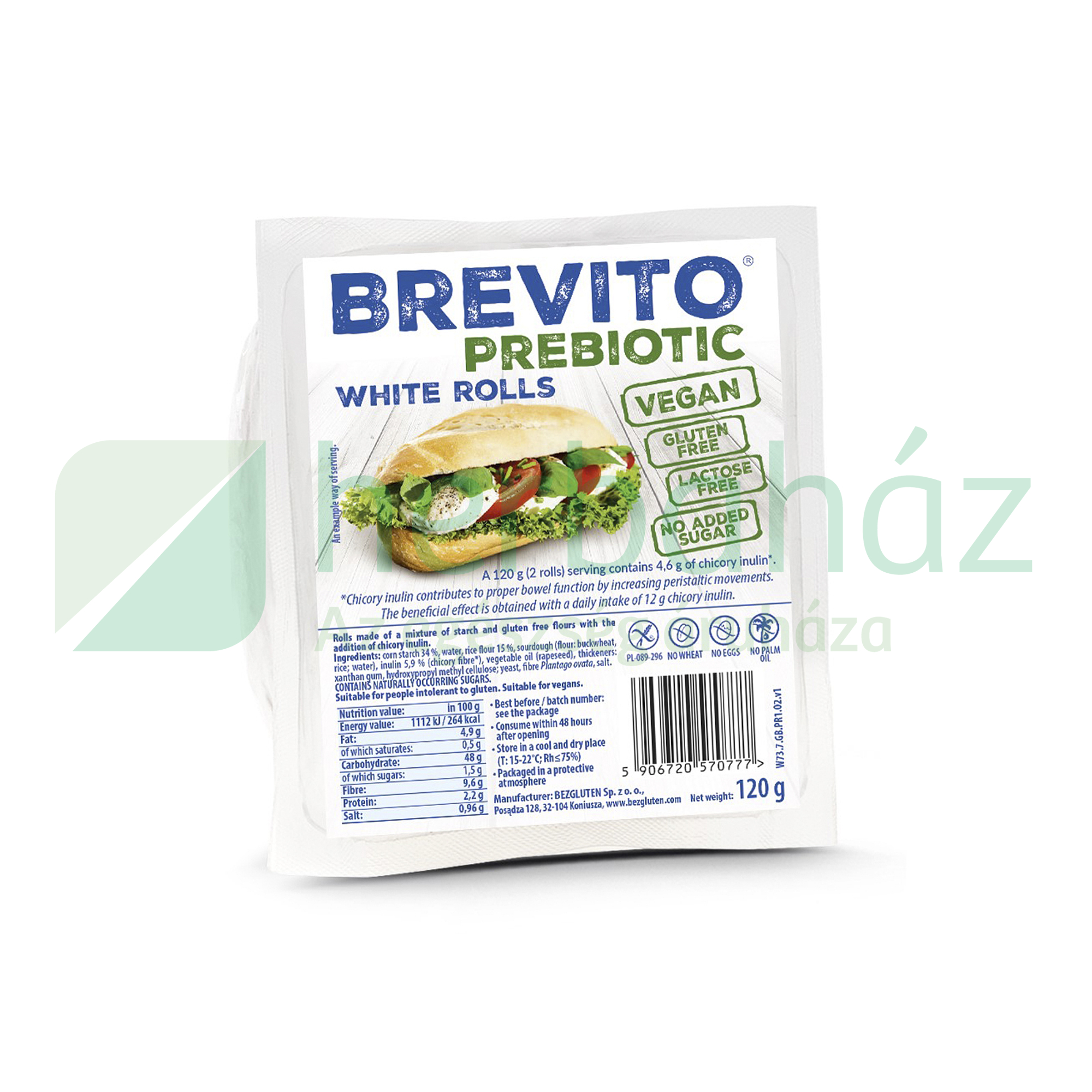 GLUTÉNMENTES BREVITO FEHÉR SZENDVICS ZSEMLE PREBIOTIKUS 120G