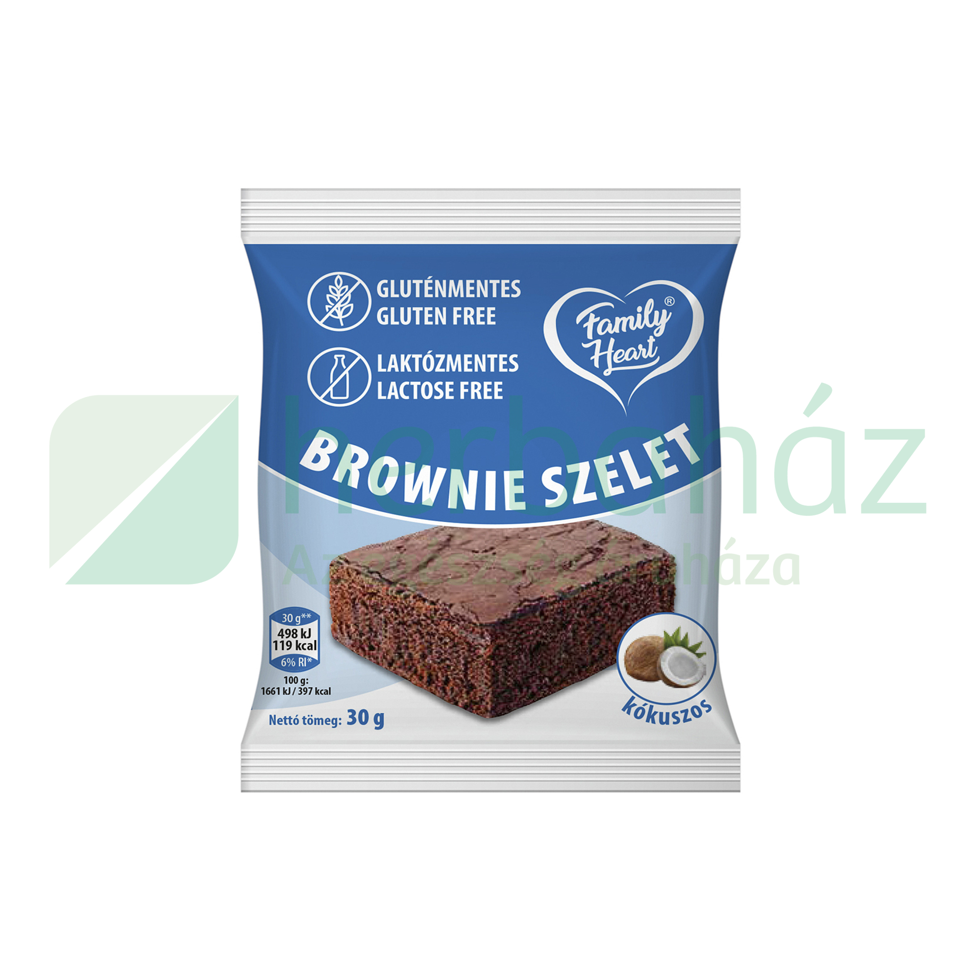 GLUTÉNMENTES FAMILY HEART BROWNIE SZELET KÓKUSZOS LAKTÓZMENTES 30G