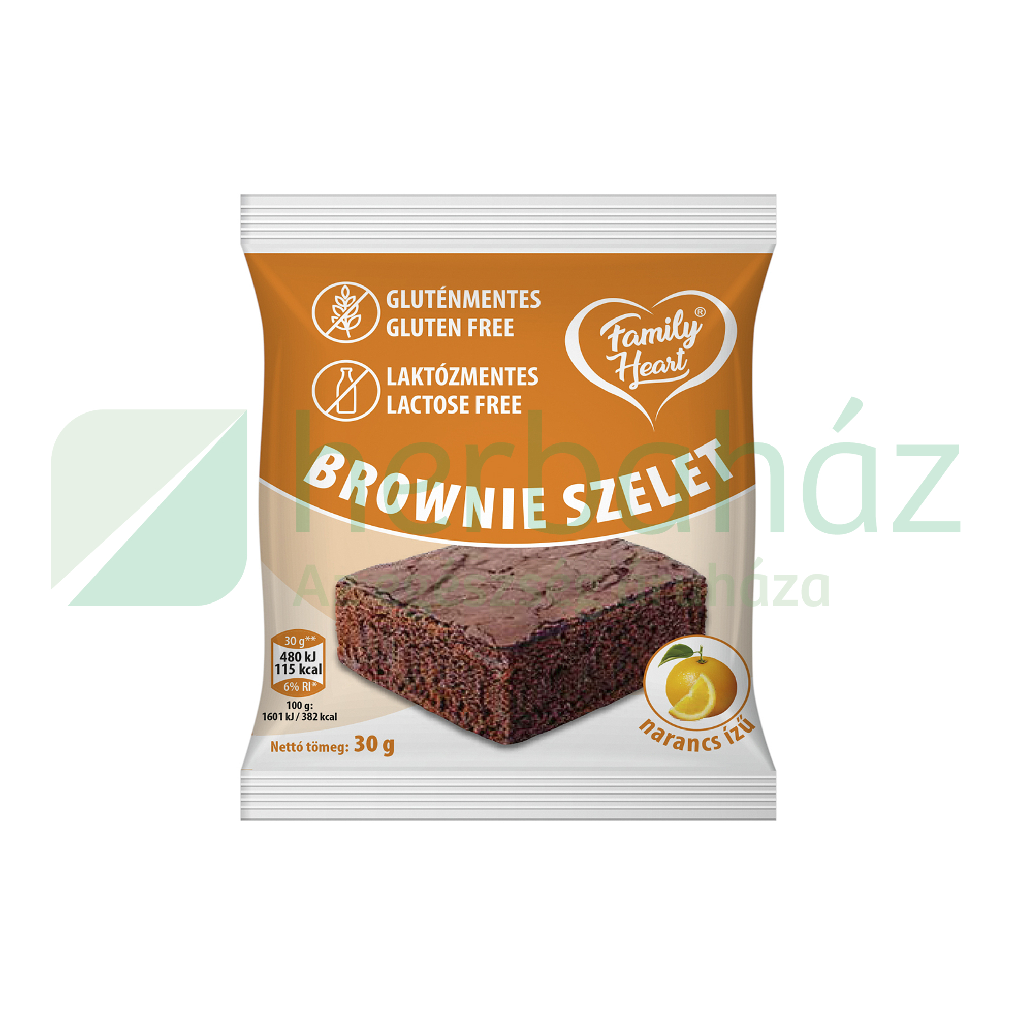 GLUTÉNMENTES FAMILY HEART BROWNIE SZELET NARANCS ÍZŰ LAKTÓZMENTES 30G