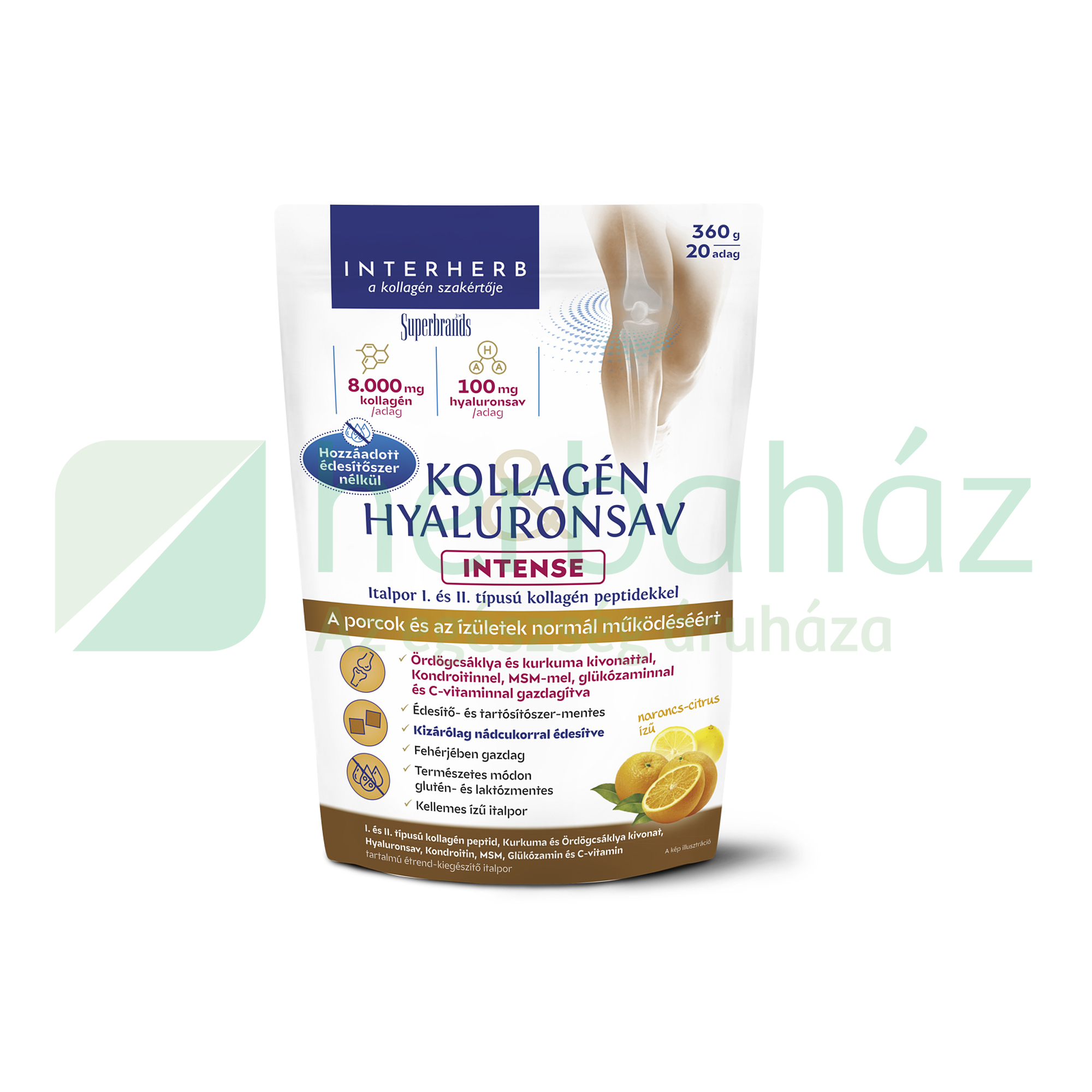 INTERHERB KOLLAGÉN&HYALURONSAV INTENSE PORCÉPÍTŐ ITALPOR NÁDCUKORRAL NARANCS ÍZŰ 360G