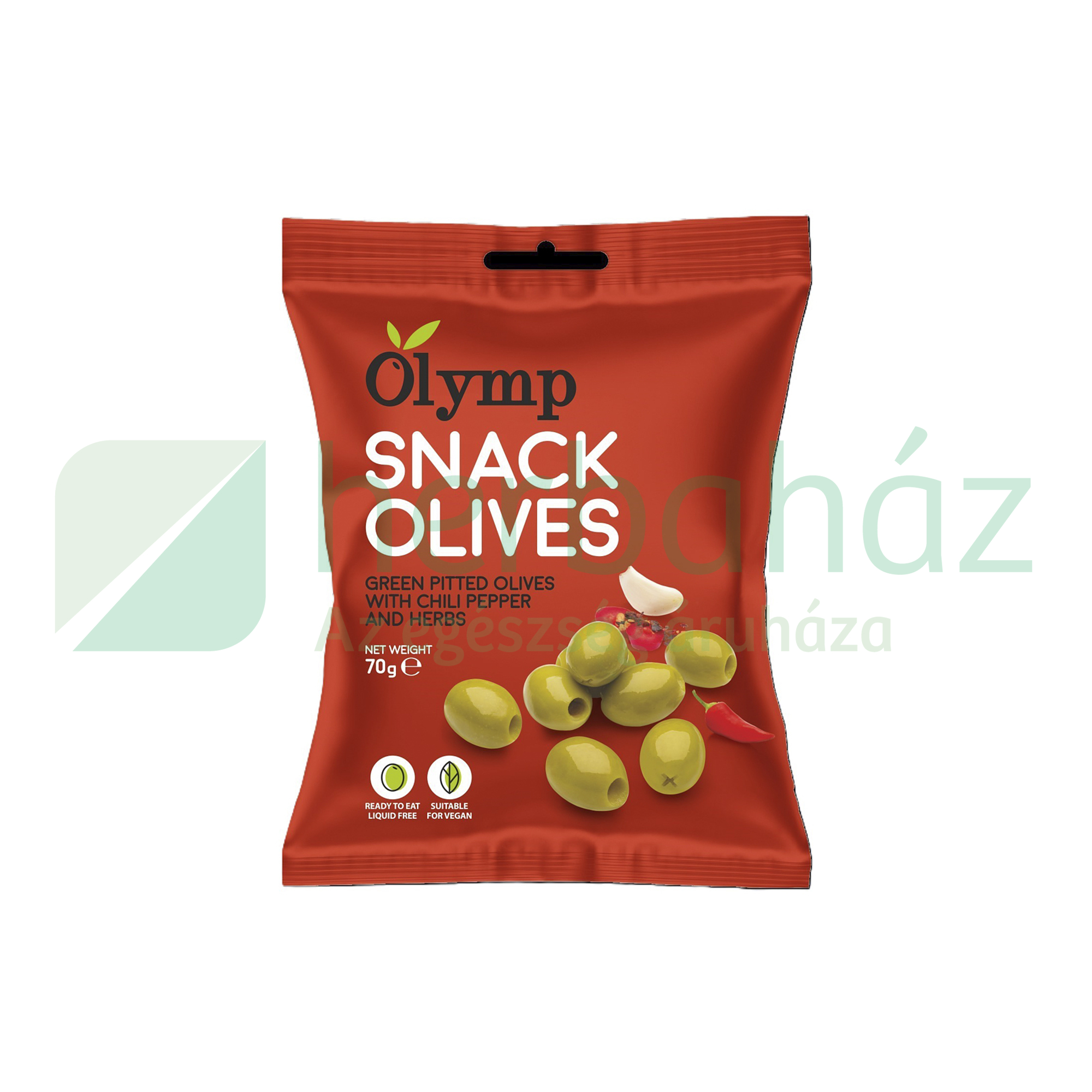 VEGÁN OLYMP SNACK FŰSZERES ZÖLD OLÍVABOGYÓ CHILI PAPRIKÁVAL, MAGOZOTT 70G